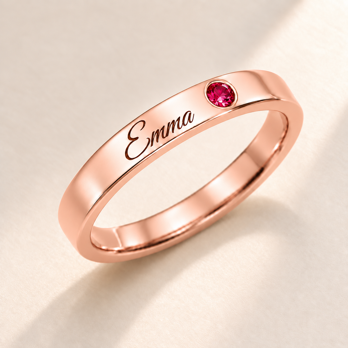 Name Ring with Birthstone (Classic Band) variant photo - rose gold july birthstone and Emma engraving Anthology Jewelry