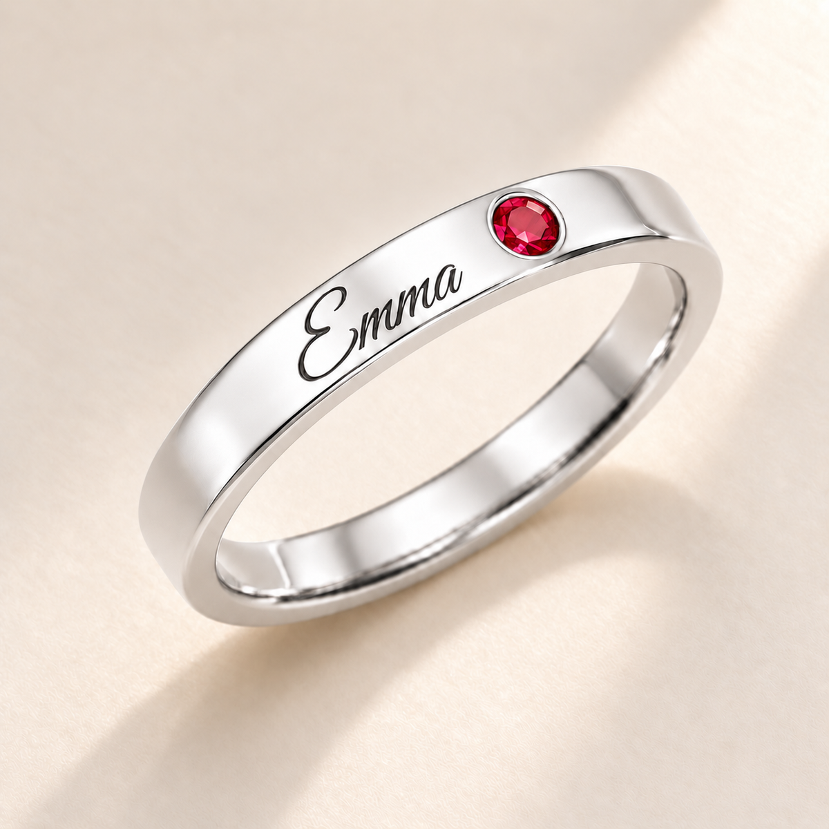 Name Ring with Birthstone (Classic Band) variant photo - silver july birthstone and Emma engraving Anthology Jewelry