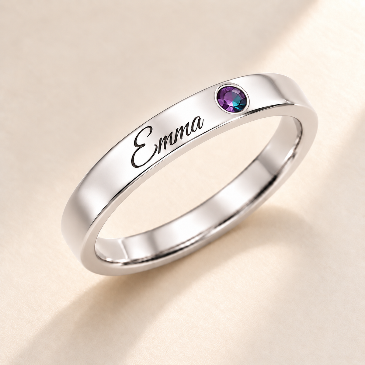 Name Ring with Birthstone (Classic Band) variant photo - silver june birthstone and Emma engraving Anthology Jewelry