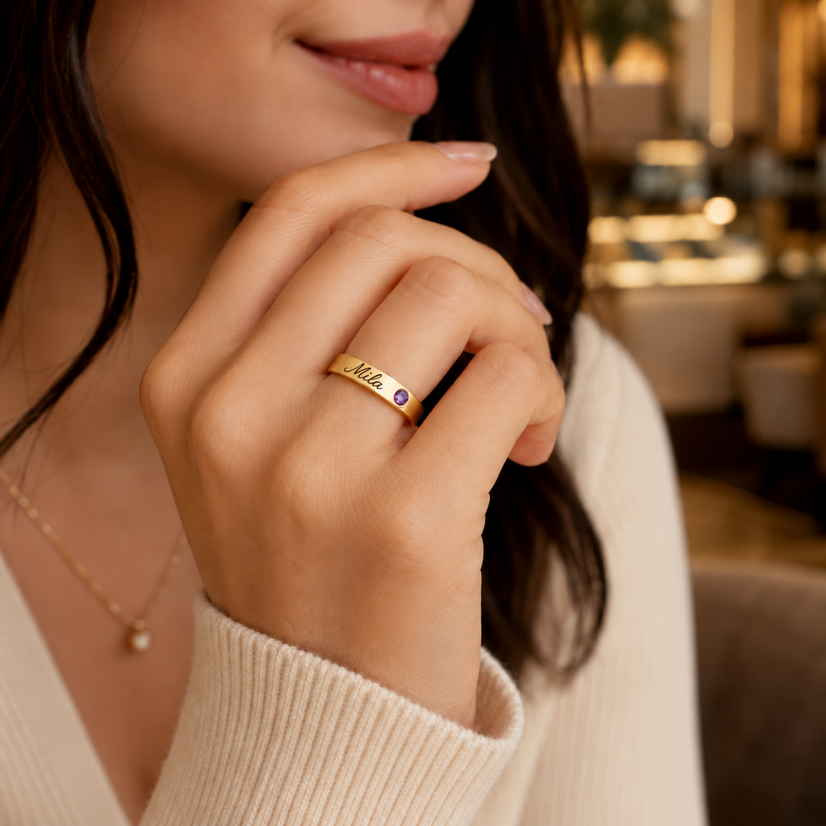 Name Ring with Birthstone (Classic Band) lifestyle photo - gold name ring with purple amethyst birthstone worn on hand Anthology Jewelry