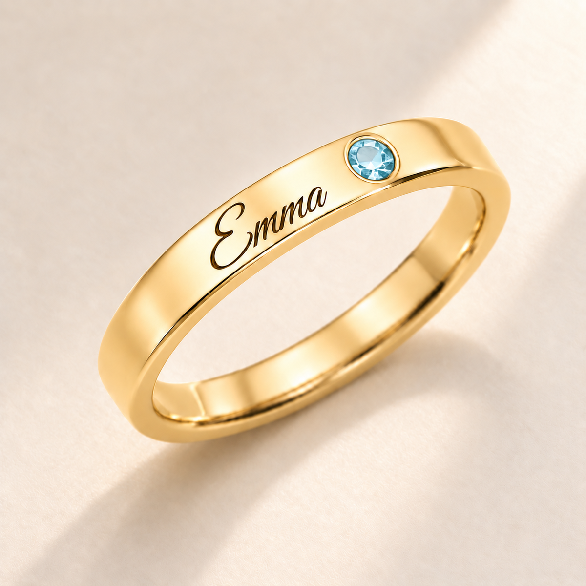 Name Ring with Birthstone (Classic Band) variant photo - gold march birthstone and Emma engraving Anthology Jewelry