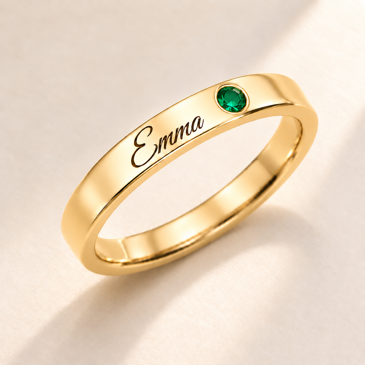 Name Ring with Birthstone (Classic Band) variant photo - gold may birthstone and Emma engraving Anthology Jewelry