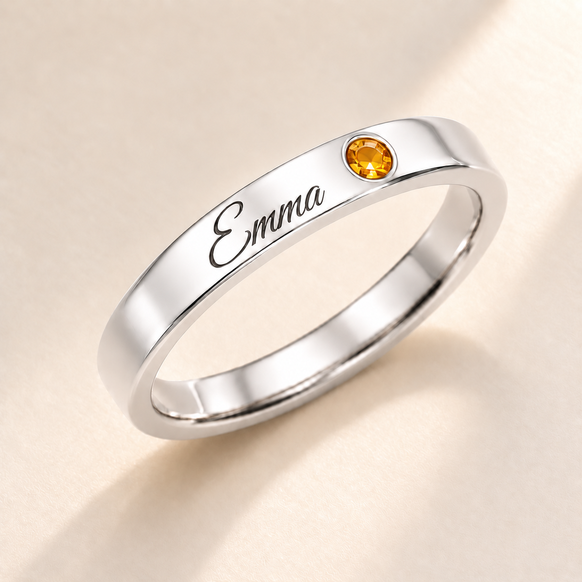 Name Ring with Birthstone (Classic Band) variant photo - silver november birthstone and Emma engraving Anthology Jewelry