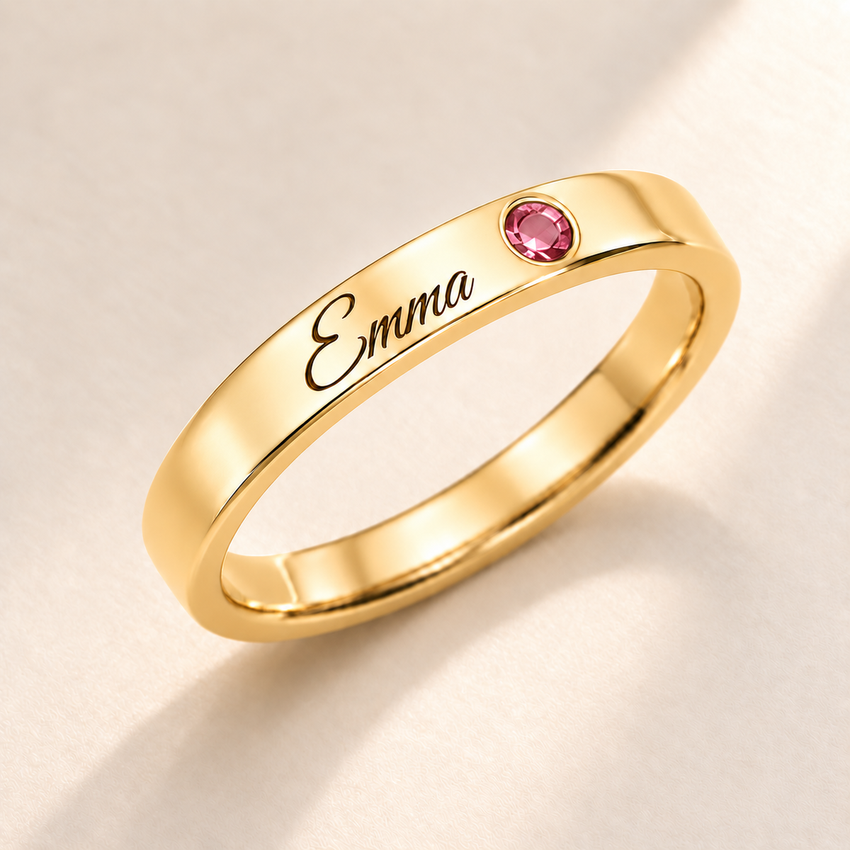 Name Ring with Birthstone (Classic Band) variant photo - gold october birthstone and Emma engraving Anthology Jewelry