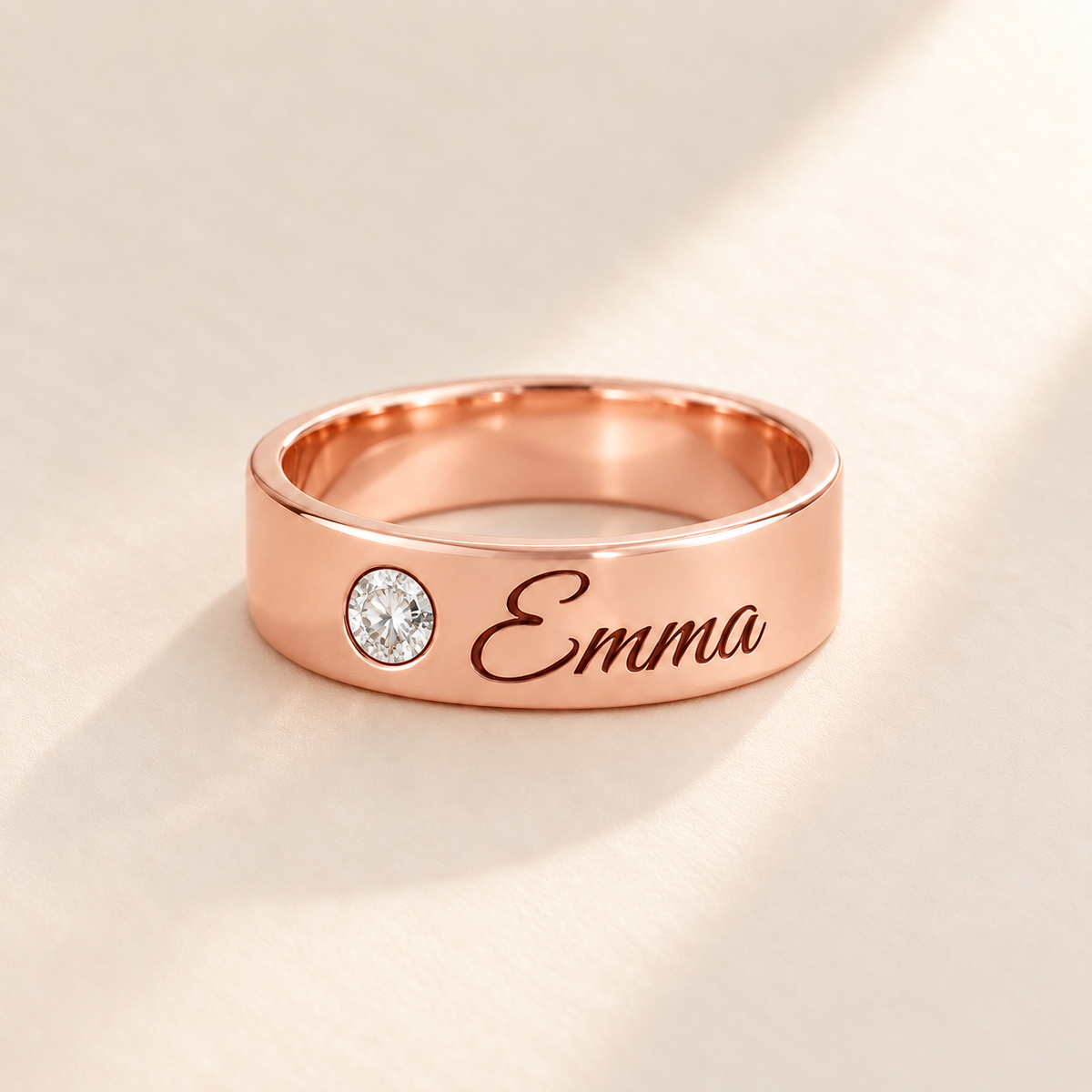 Custom Wide Band Name Ring with Birthstone variant photo - rose gold April Diamond birthstone and Emma engraving Anthology Jewelry