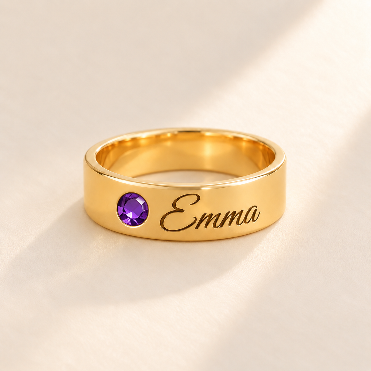 Custom Wide Band Name Ring with Birthstone variant photo - gold February Amethyst birthstone and Emma engraving Anthology Jewelry