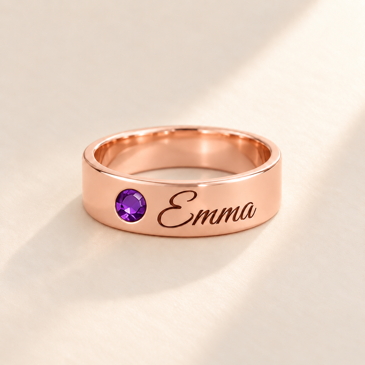 Custom Wide Band Name Ring with Birthstone variant photo - rose gold February Amethyst birthstone and Emma engraving Anthology Jewelry