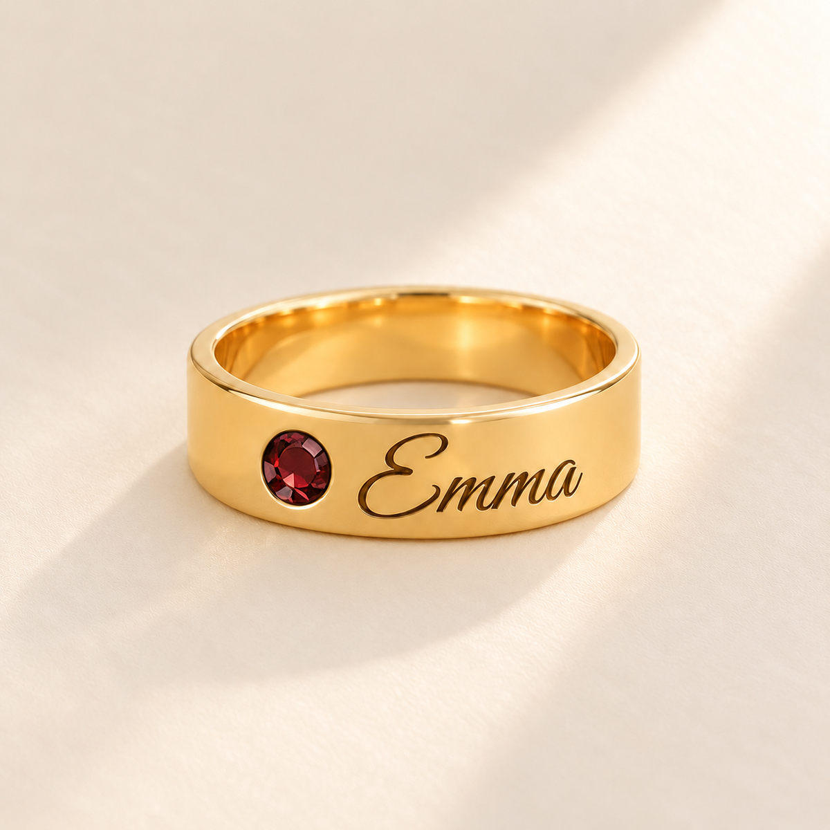 Custom Wide Band Name Ring with Birthstone variant photo - gold January Garnet birthstone and Emma engraving Anthology Jewelry
