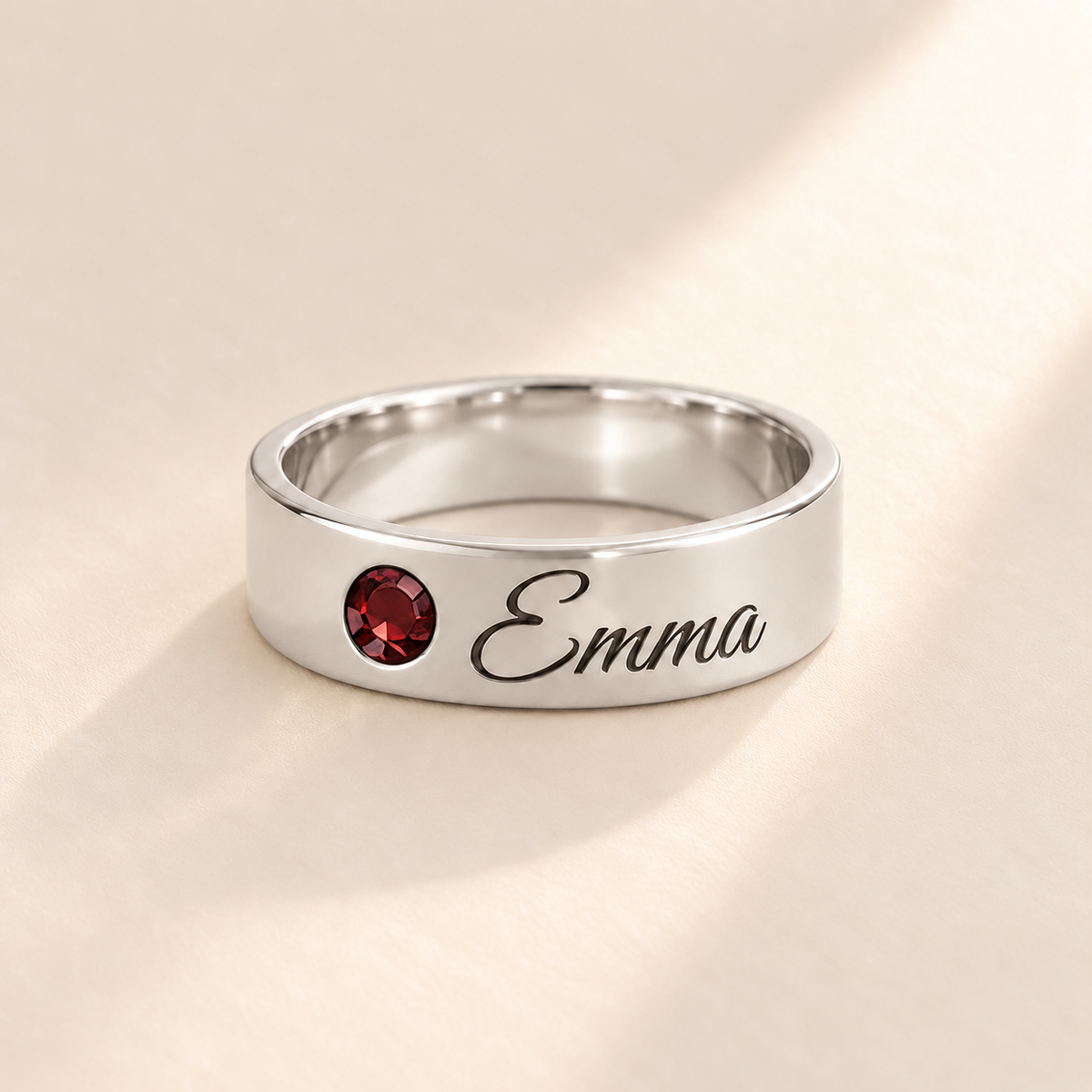 Custom Wide Band Name Ring with Birthstone variant photo - silver January Garnet birthstone and Emma engraving Anthology Jewelry
