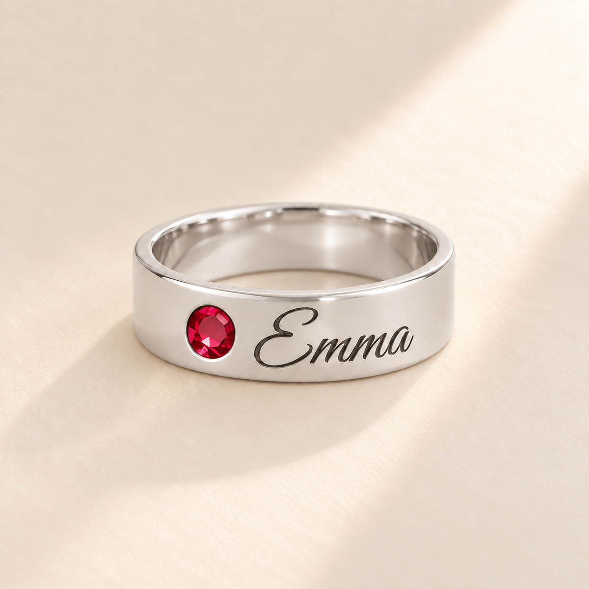 Custom Wide Band Name Ring with Birthstone variant photo - silver July Ruby birthstone and Emma engraving Anthology Jewelry