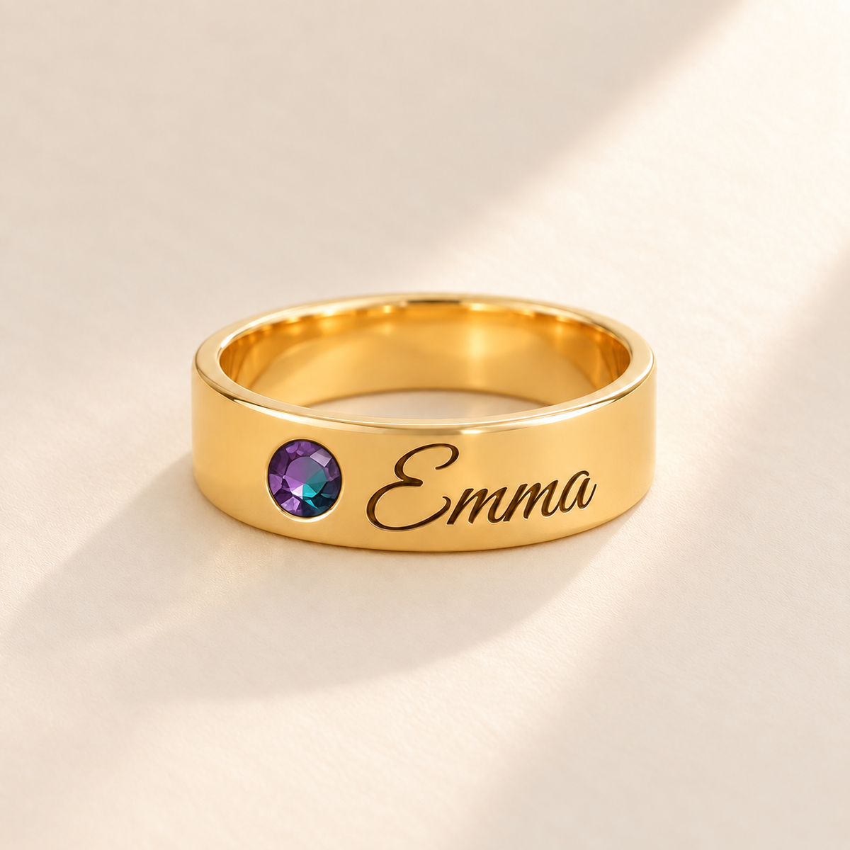 Custom Wide Band Name Ring with Birthstone variant photo - gold June Alexandrite birthstone and Emma engraving Anthology Jewelry
