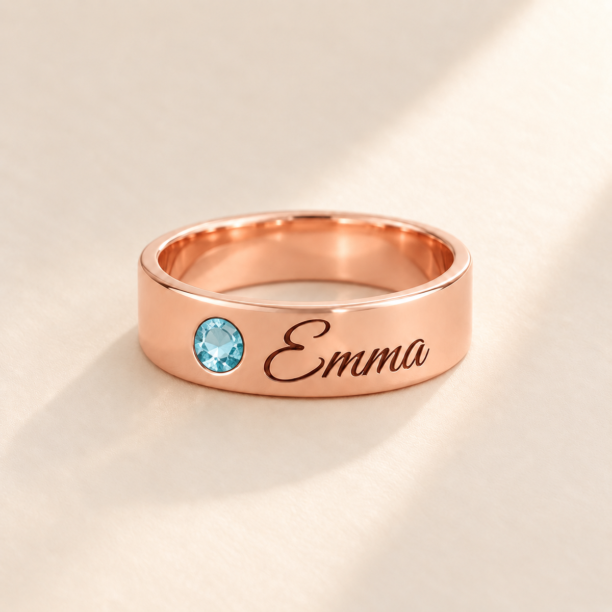 Custom Wide Band Name Ring with Birthstone variant photo - rose gold March Aquamarine birthstone and Emma engraving Anthology Jewelry