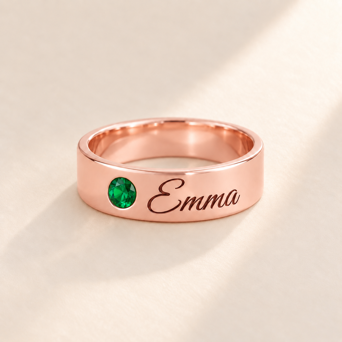 Custom Wide Band Name Ring with Birthstone variant photo - rose gold May Emerald birthstone and Emma engraving Anthology Jewelry
