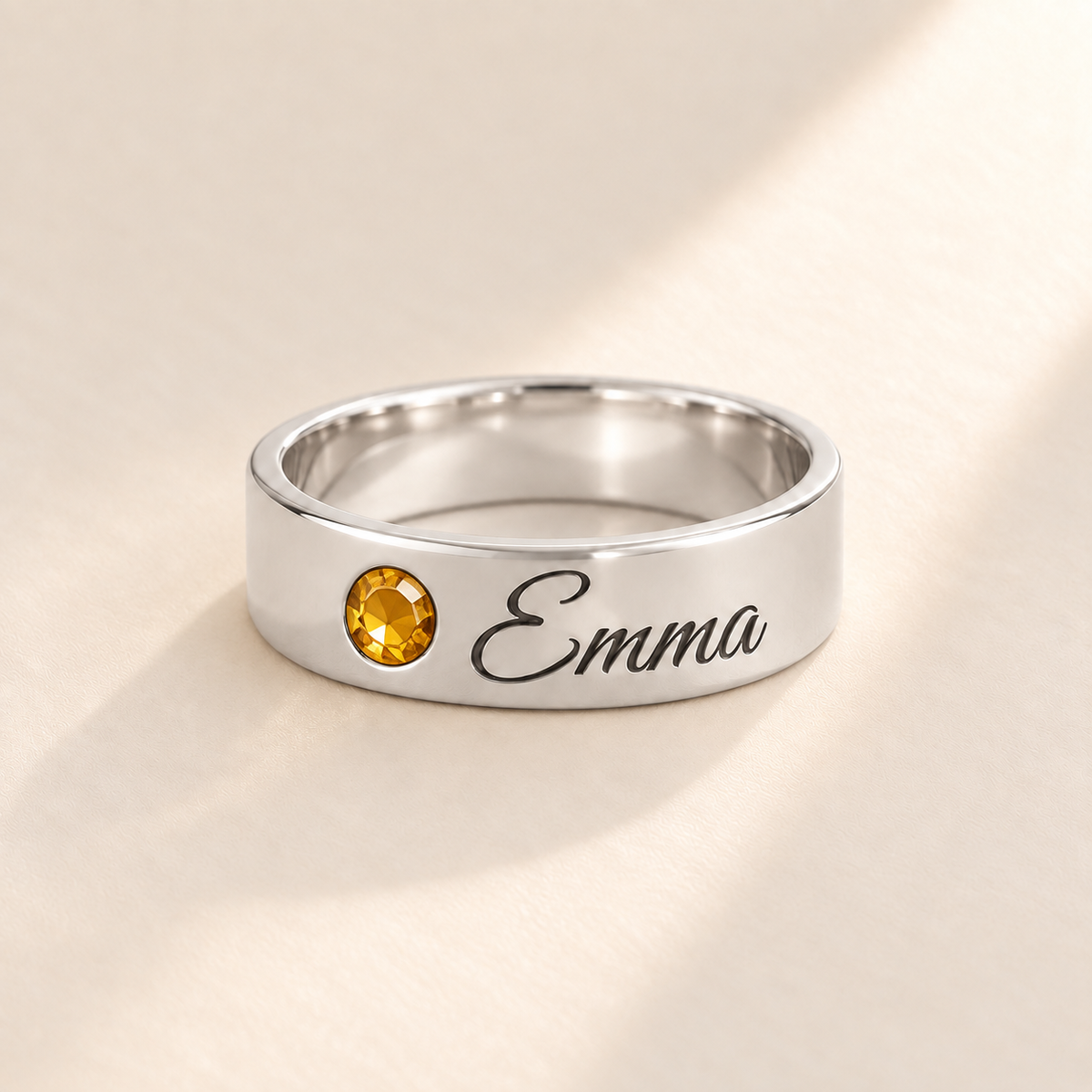 Custom Wide Band Name Ring with Birthstone variant photo - silver November Citrine birthstone and Emma engraving Anthology Jewelry