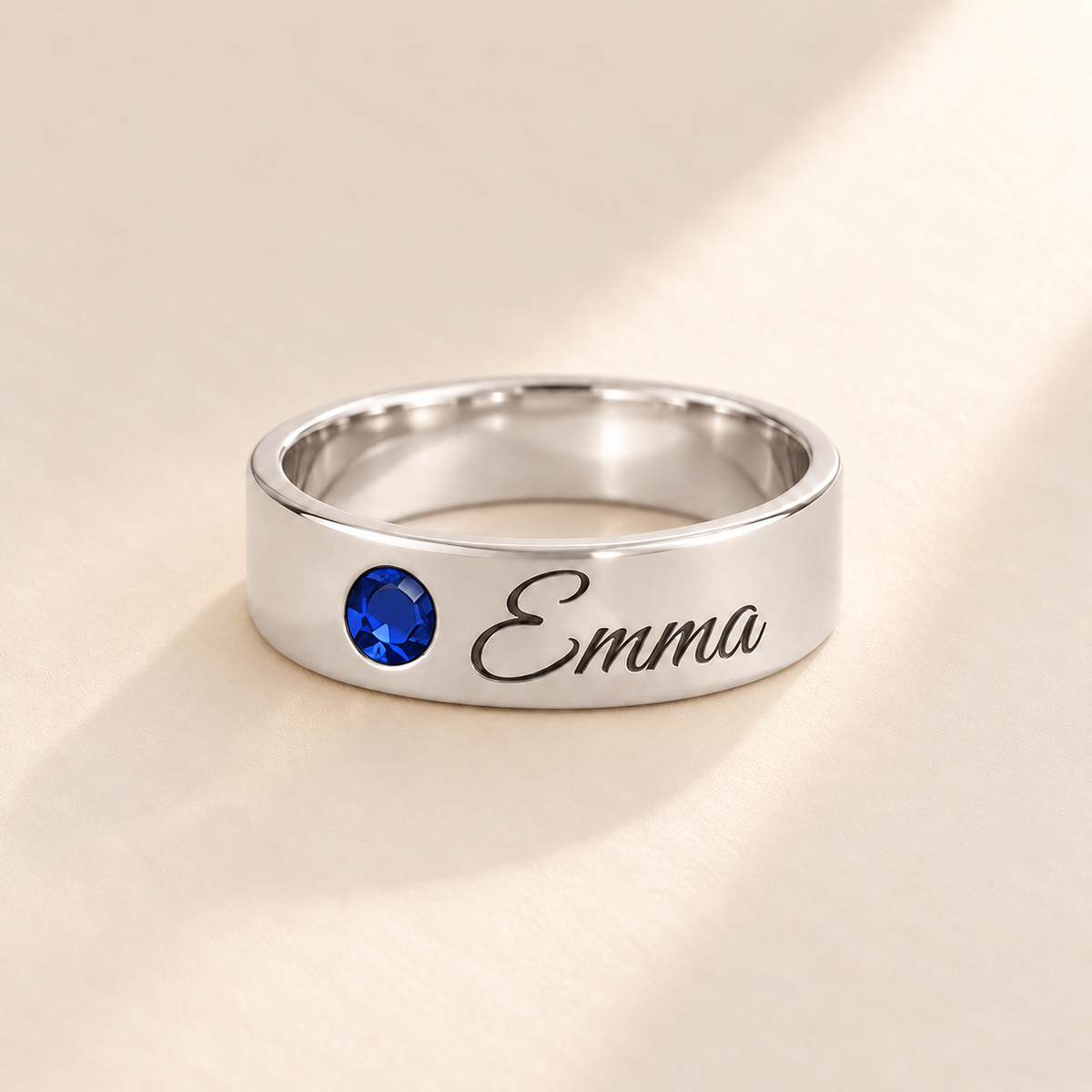 Custom Wide Band Name Ring with Birthstone variant photo - silver September Sapphire birthstone and Emma engraving Anthology Jewelry