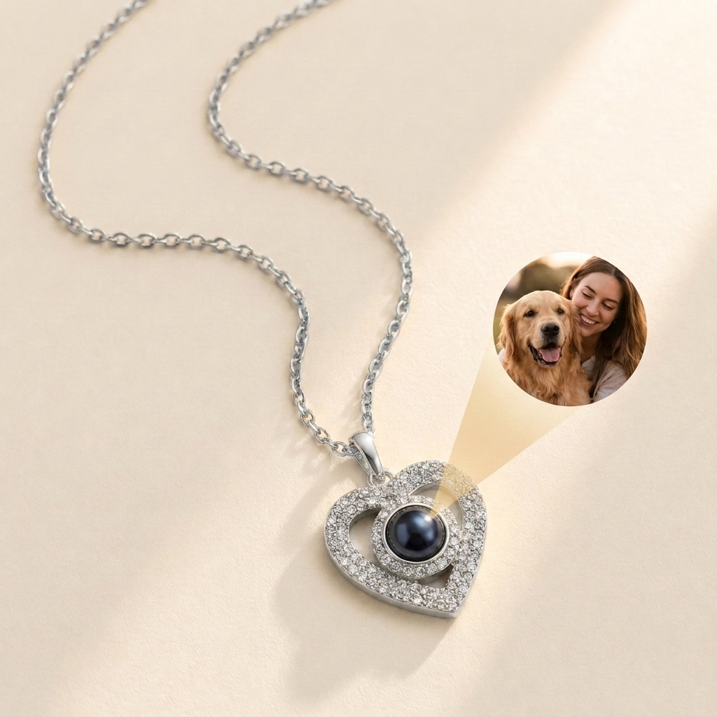 Pavé Halo Photo Heart Necklace hero photo - sterling silver single pave heart pendant with circular halo around dark photo projection cabochon Anthology Jewelry