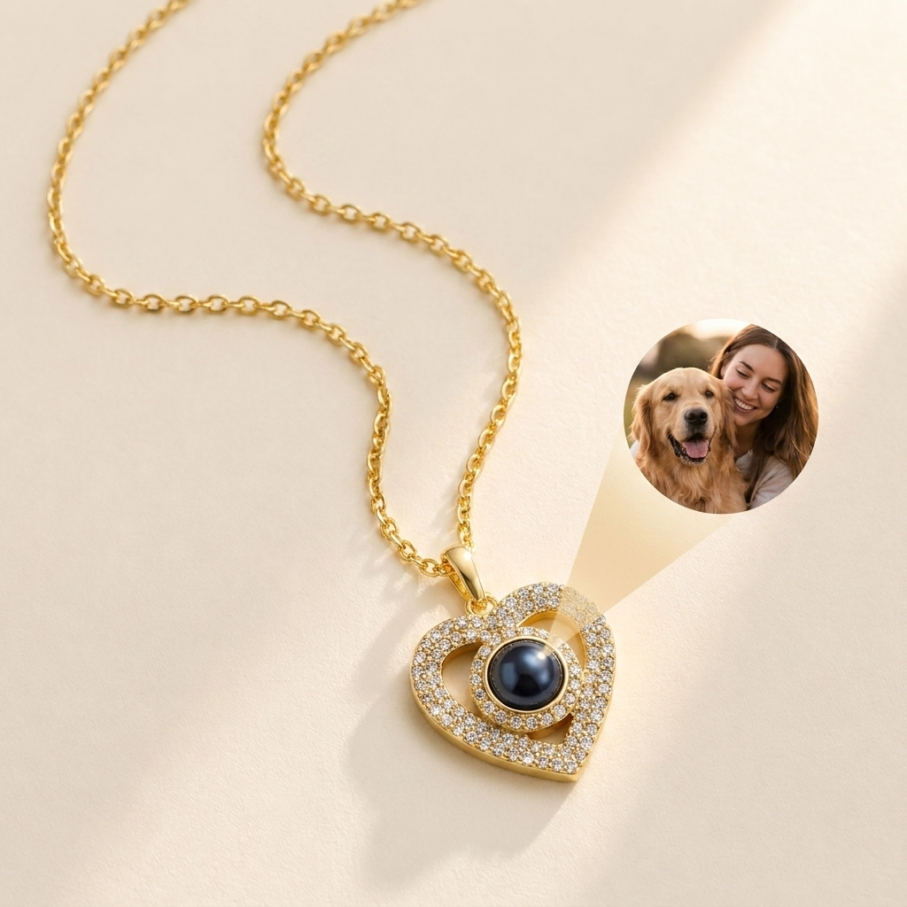 Pavé Halo Photo Heart Necklace hero photo - gold single pave heart pendant with circular halo around dark photo projection cabochon and circular photo inset Anthology Jewelry