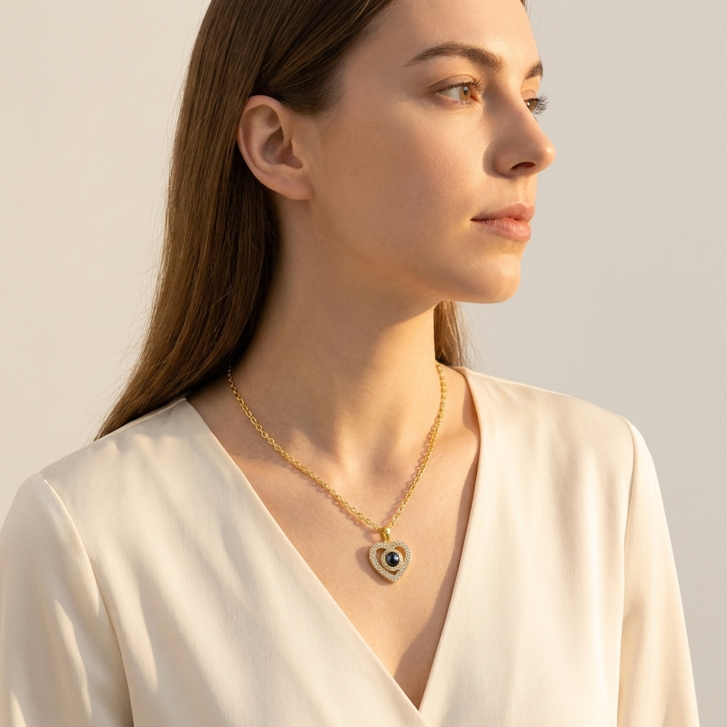 Pavé Halo Photo Heart Necklace lifestyle photo - worn gold pave heart pendant necklace profile angle Anthology Jewelry