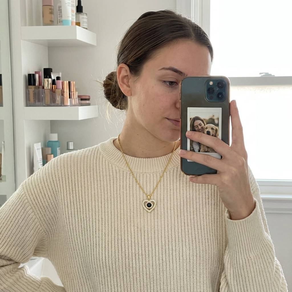 Pavé Halo Photo Heart Necklace UGC photo - candid mirror selfie wearing gold pave heart pendant Anthology Jewelry