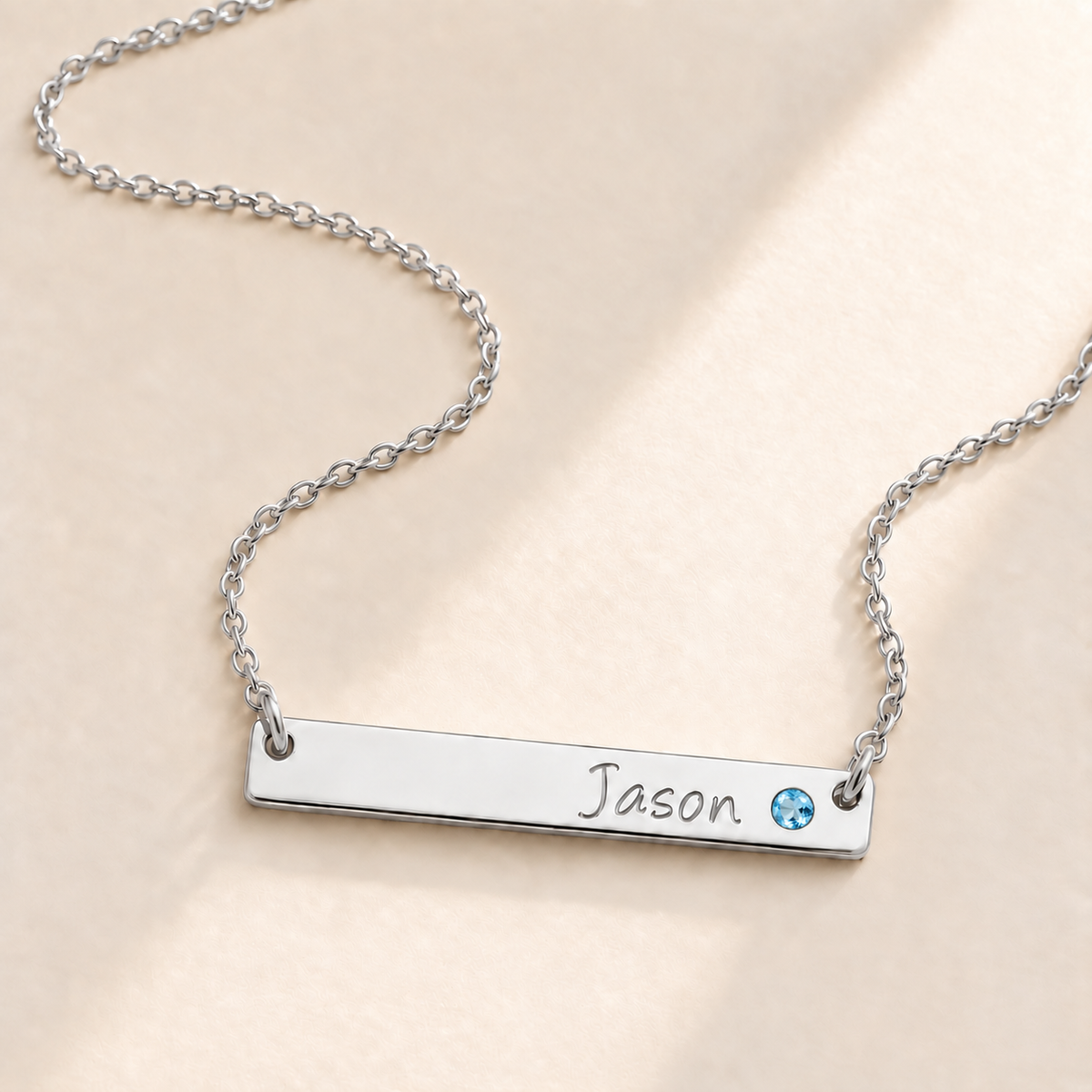 Personalized Bar Necklace with Birthstone hero photo - silver december blue topaz birthstone Anthology Jewelry