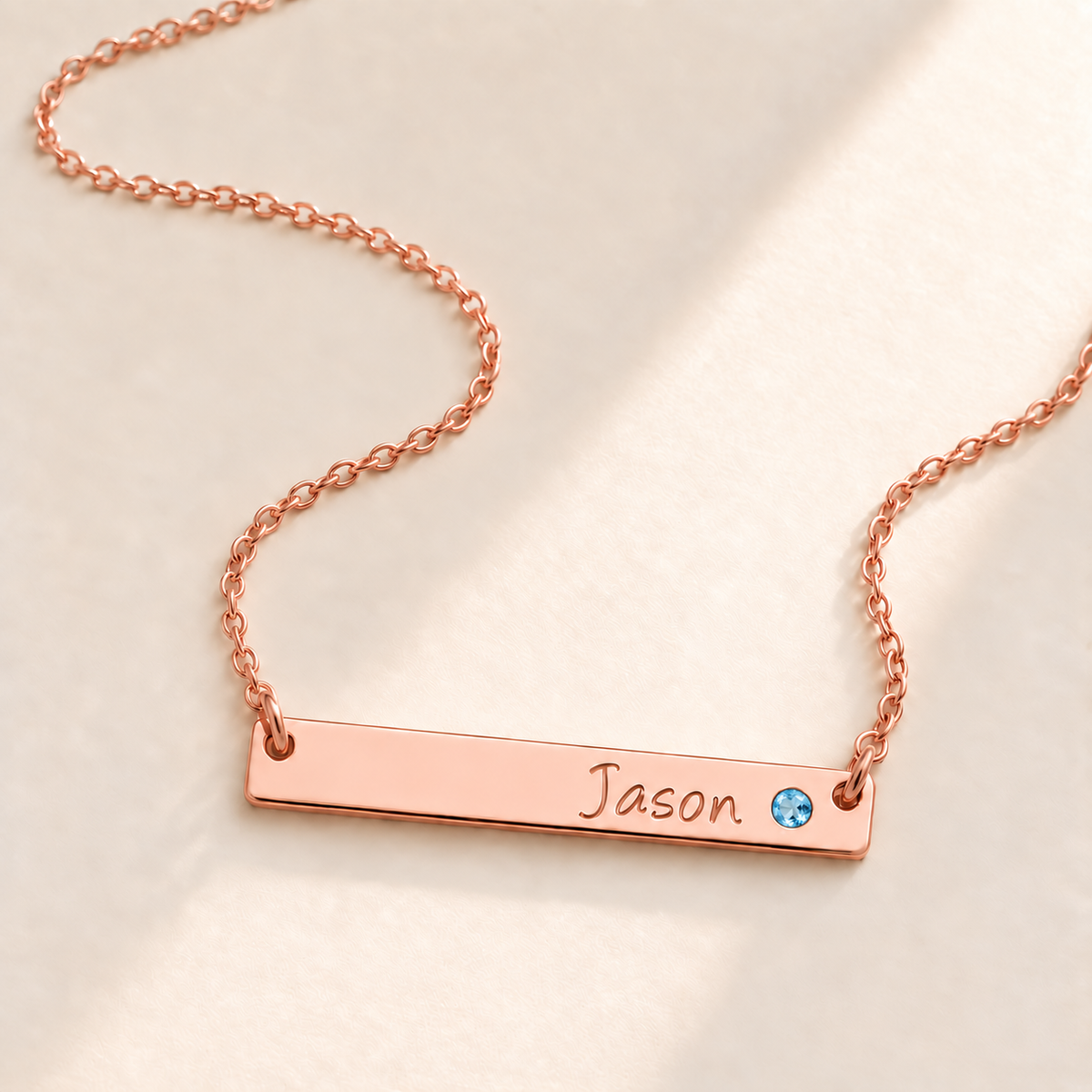 Personalized Bar Necklace with Birthstone hero photo - rose gold december blue topaz birthstone Anthology Jewelry