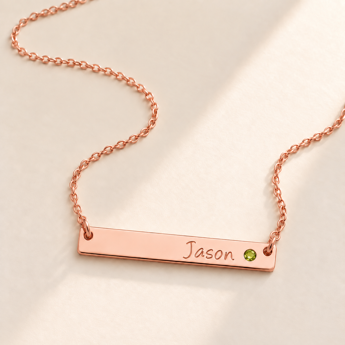 Personalized Bar Necklace with Birthstone hero photo - rose gold august peridot birthstone Anthology Jewelry