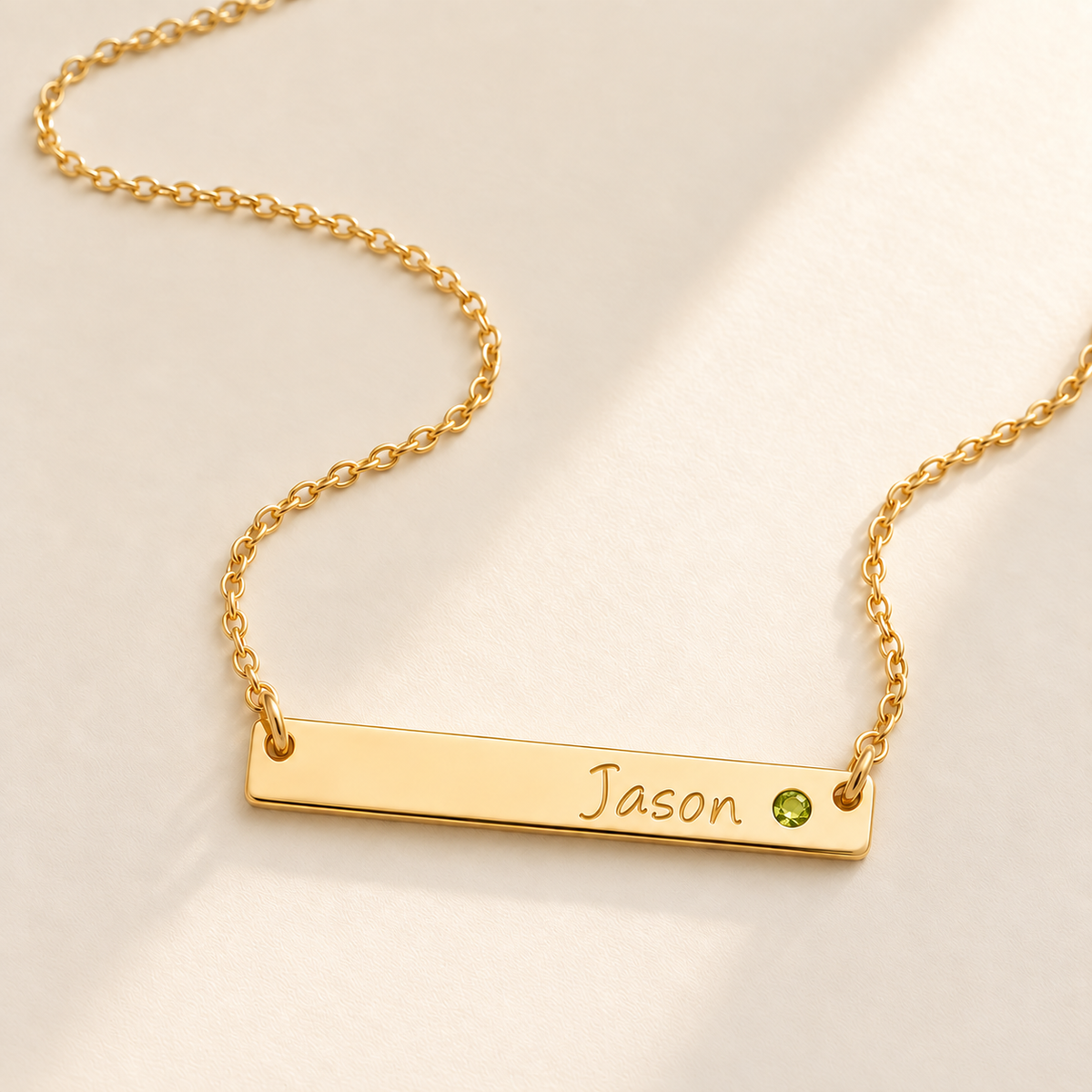 Personalized Bar Necklace with Birthstone hero photo - gold august peridot birthstone Anthology Jewelry