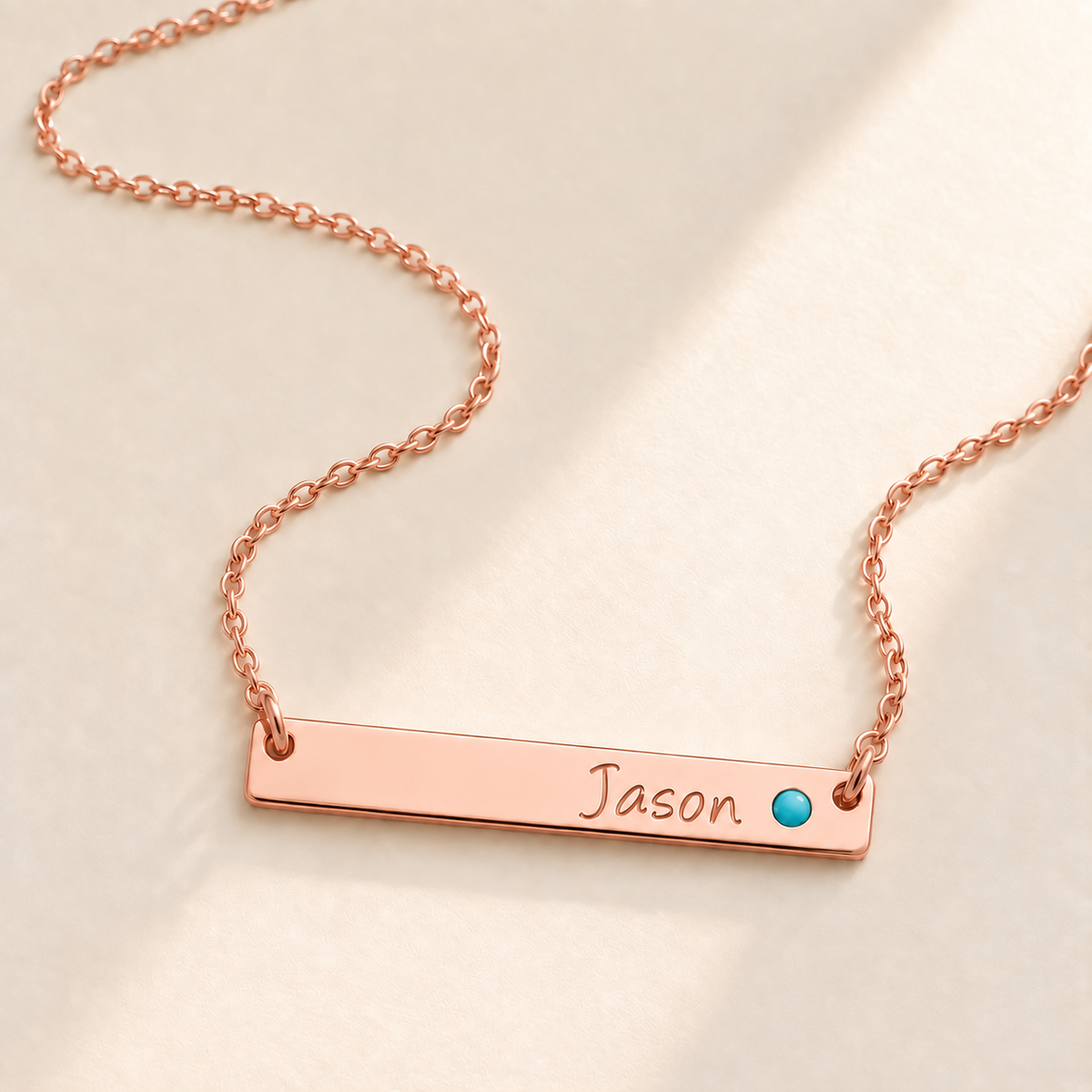 Personalized Bar Necklace with Birthstone hero photo - rose gold december turquoise birthstone Anthology Jewelry