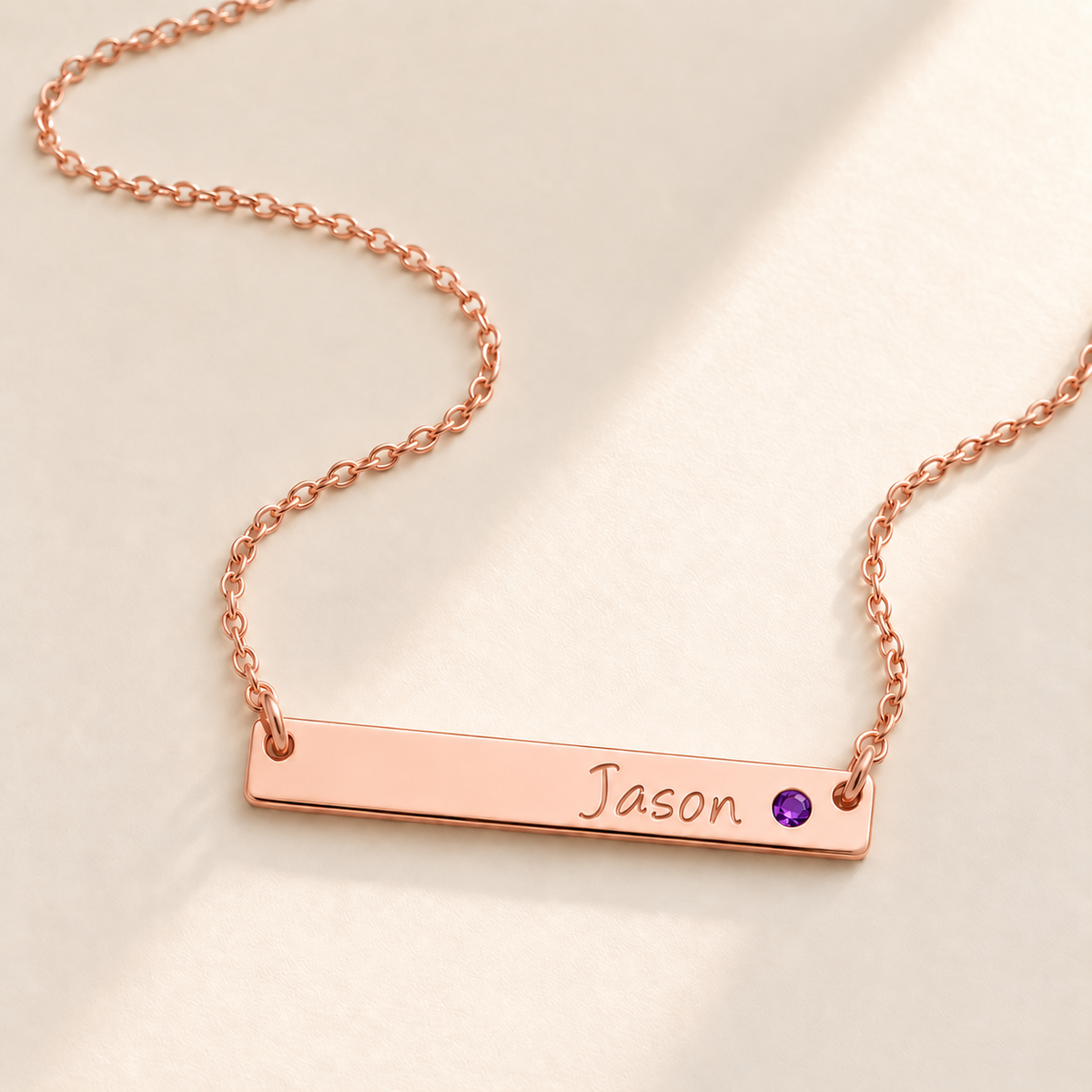 Personalized Bar Necklace with Birthstone hero photo - rose gold february amethyst birthstone Anthology Jewelry