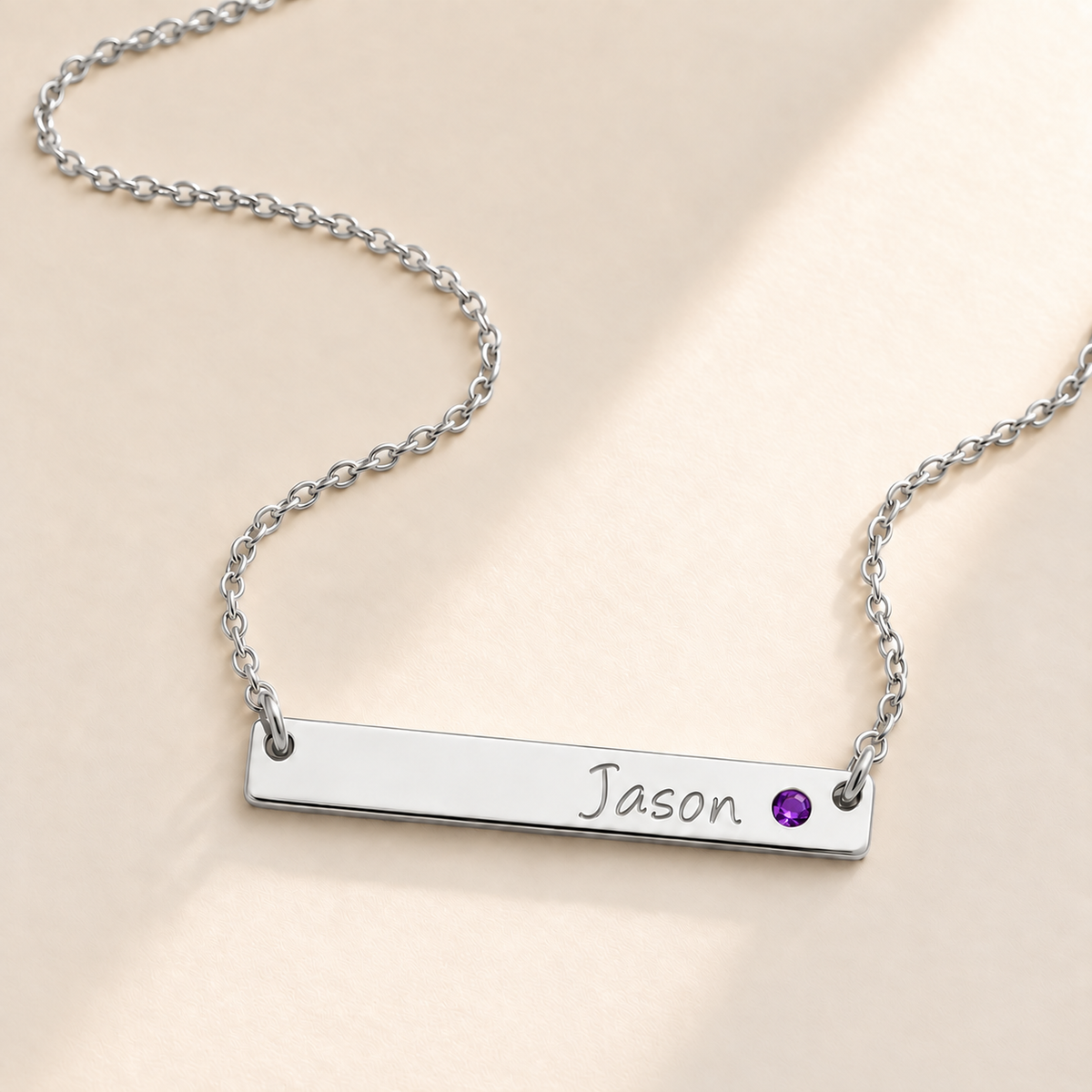 Personalized Bar Necklace with Birthstone hero photo - silver february amethyst birthstone Anthology Jewelry
