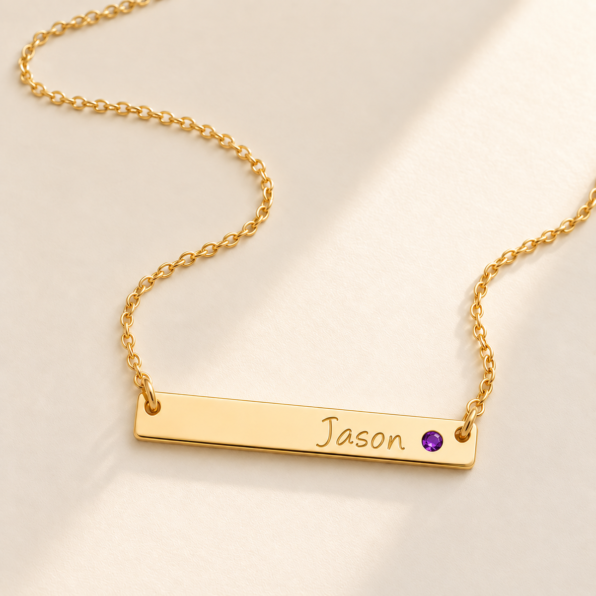 Personalized Bar Necklace with Birthstone hero photo - gold february amethyst birthstone Anthology Jewelry