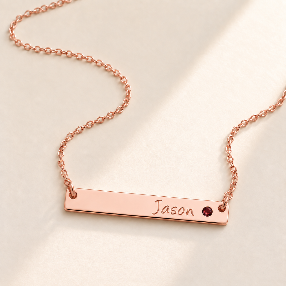 Personalized Bar Necklace with Birthstone hero photo - rose gold january garnet birthstone Anthology Jewelry