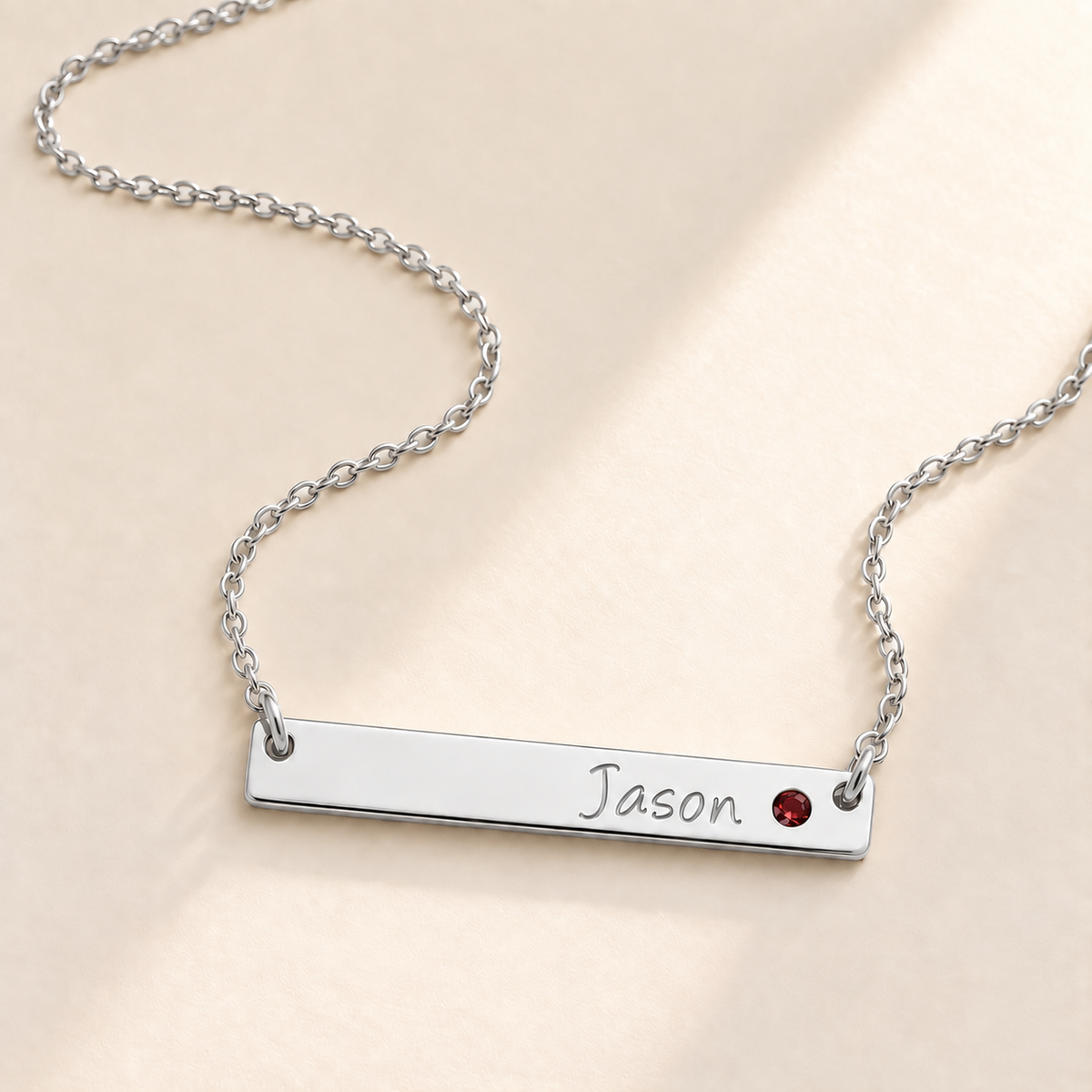Personalized Bar Necklace with Birthstone hero photo - silver january garnet birthstone Anthology Jewelry