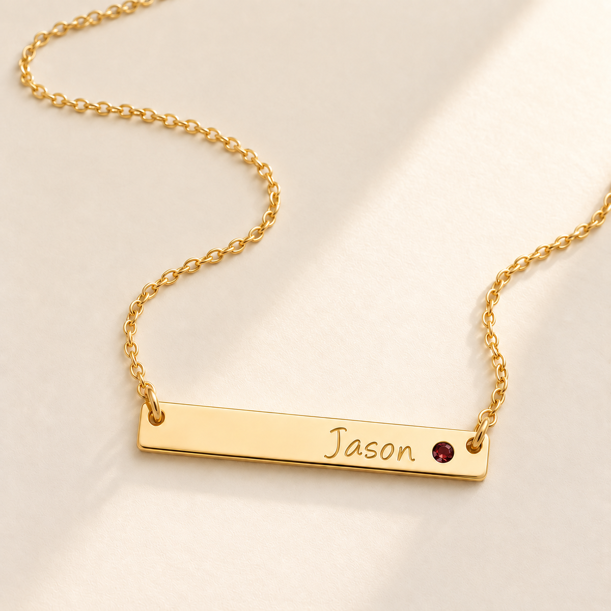 Personalized Bar Necklace with Birthstone hero photo - gold january garnet birthstone Anthology Jewelry