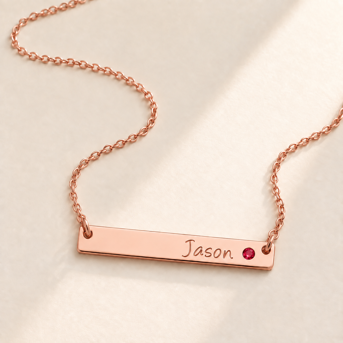 Personalized Bar Necklace with Birthstone hero photo - rose gold july ruby birthstone Anthology Jewelry