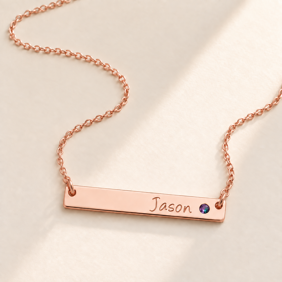 Personalized Bar Necklace with Birthstone hero photo - rose gold june alexandrite birthstone Anthology Jewelry