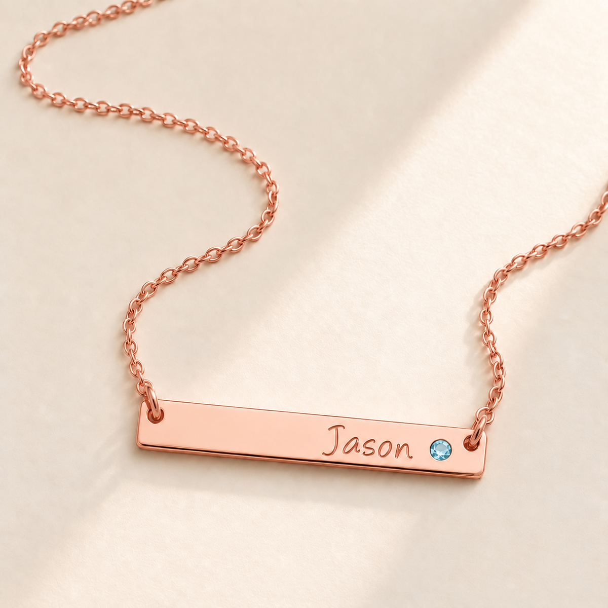 Personalized Bar Necklace with Birthstone hero photo - rose gold march aquamarine birthstone Anthology Jewelry