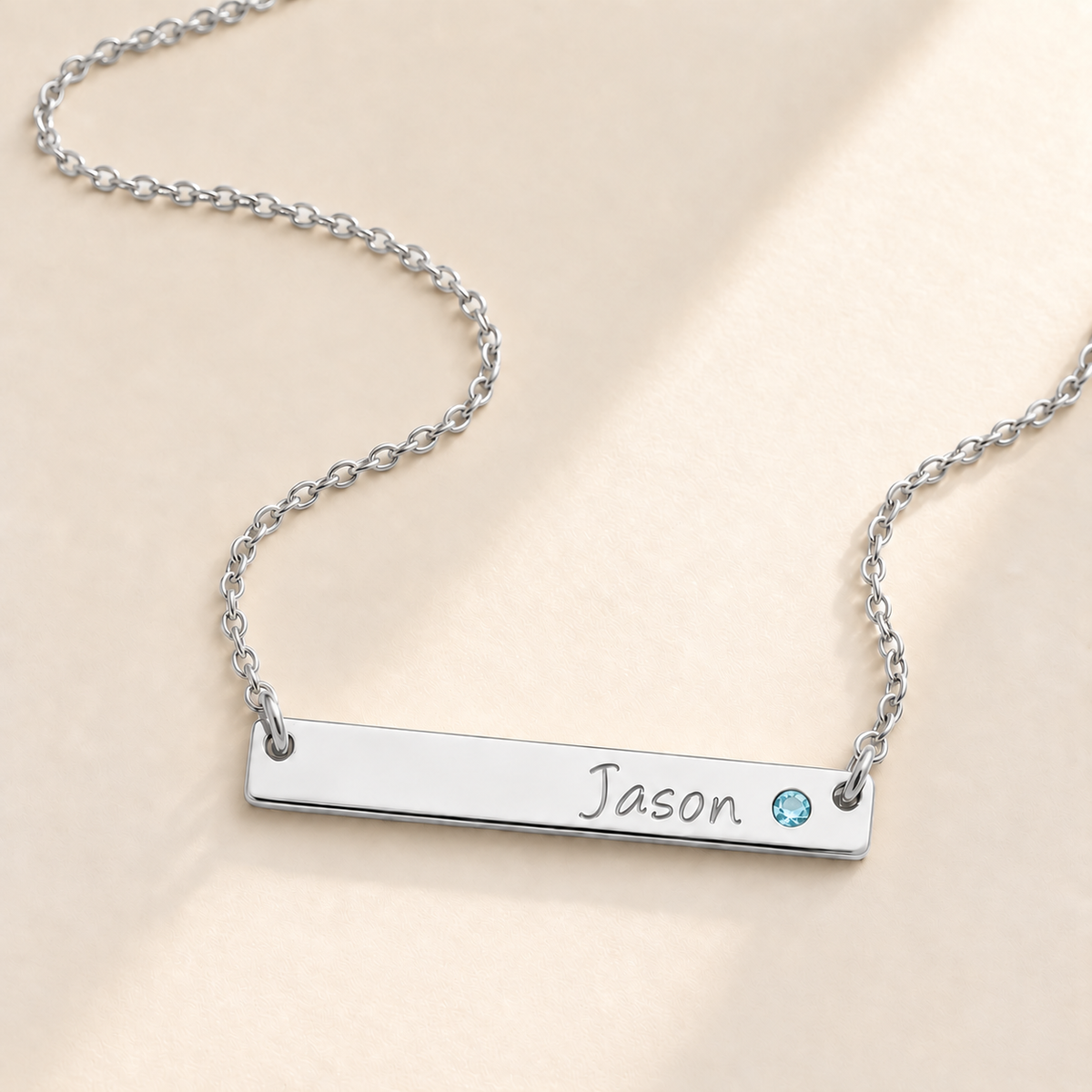 Personalized Bar Necklace with Birthstone hero photo - silver march aquamarine birthstone Anthology Jewelry