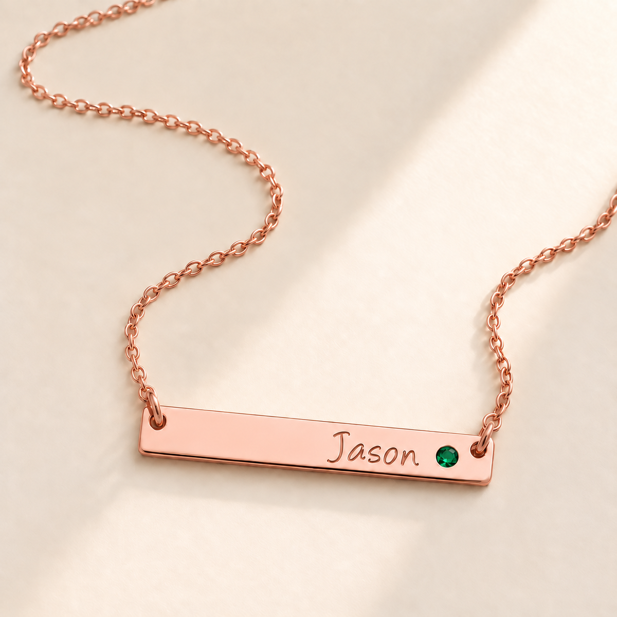 Personalized Bar Necklace with Birthstone hero photo - rose gold may emerald birthstone Anthology Jewelry