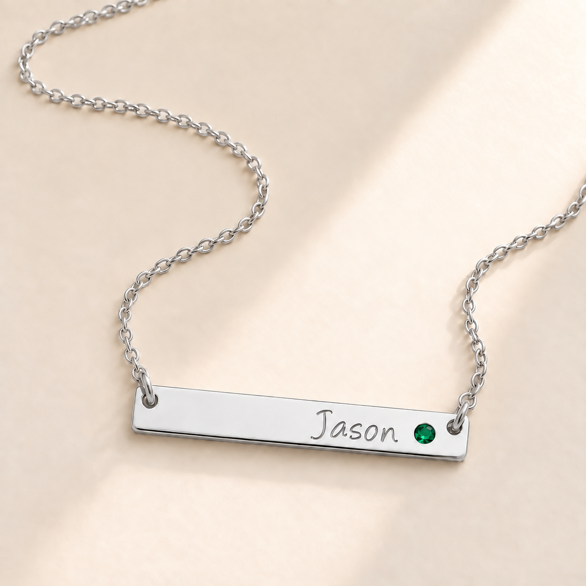 Personalized Bar Necklace with Birthstone hero photo - silver may emerald birthstone Anthology Jewelry