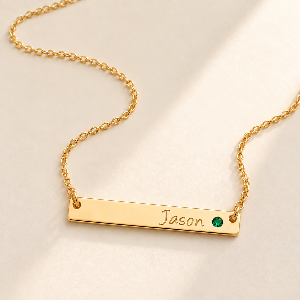 Personalized Bar Necklace with Birthstone hero photo - gold may emerald birthstone Anthology Jewelry