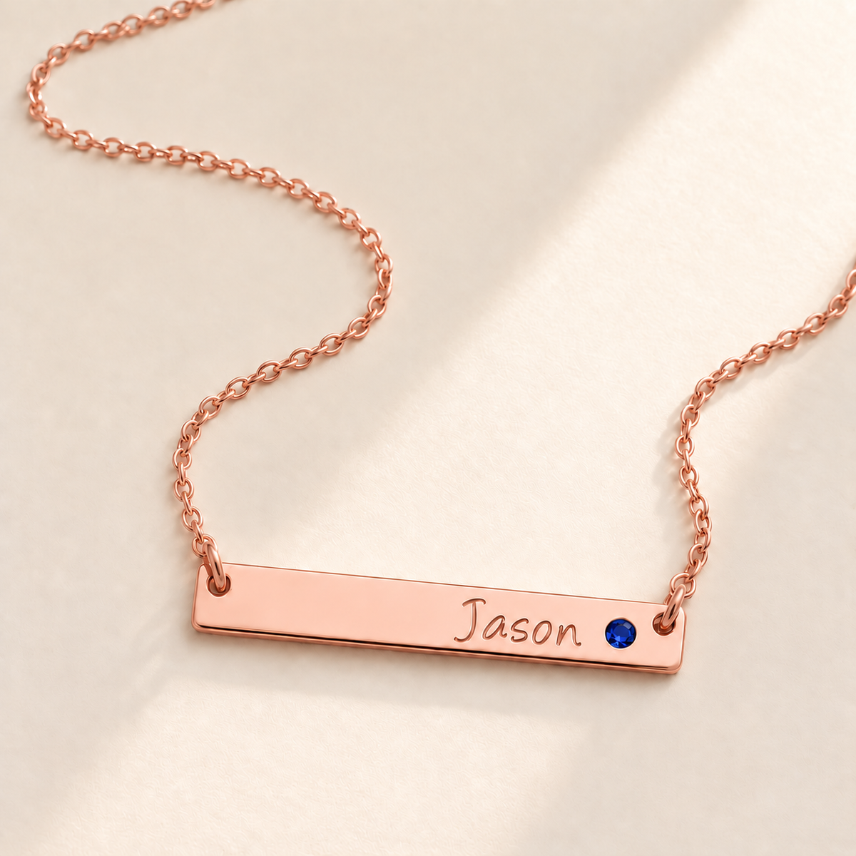 Personalized Bar Necklace with Birthstone hero photo - rose gold september sapphire birthstone Anthology Jewelry