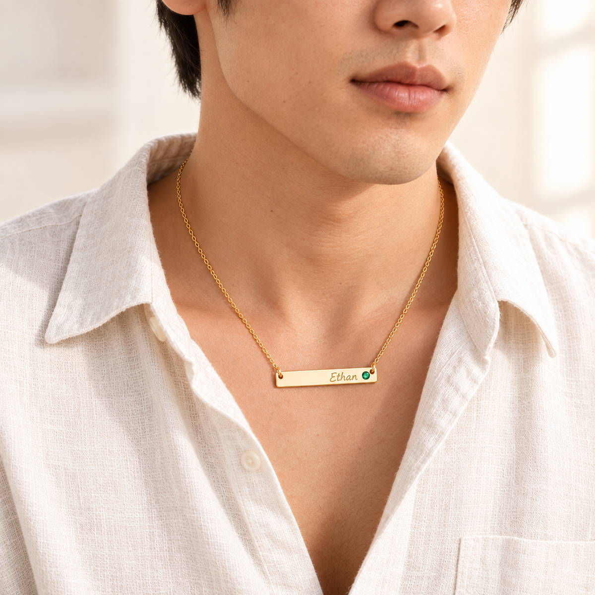 Personalized Bar Necklace with Birthstone lifestyle photo - Ethan emerald birthstone necklace worn by model Anthology Jewelry
