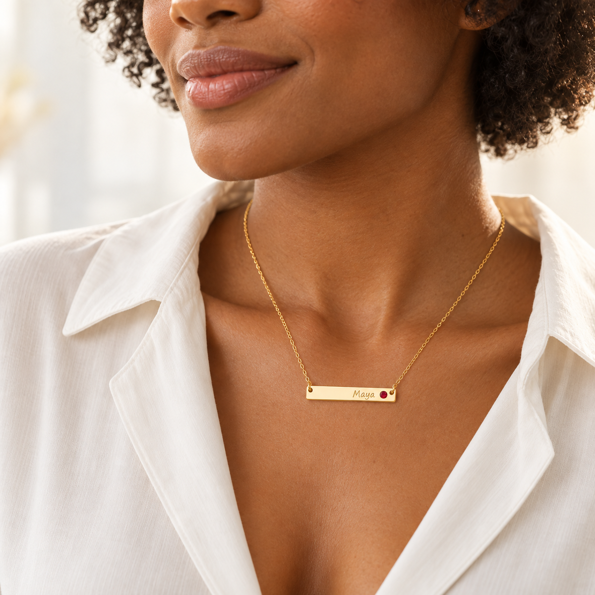 Personalized Bar Necklace with Birthstone lifestyle photo - Maya ruby birthstone necklace worn by model Anthology Jewelry