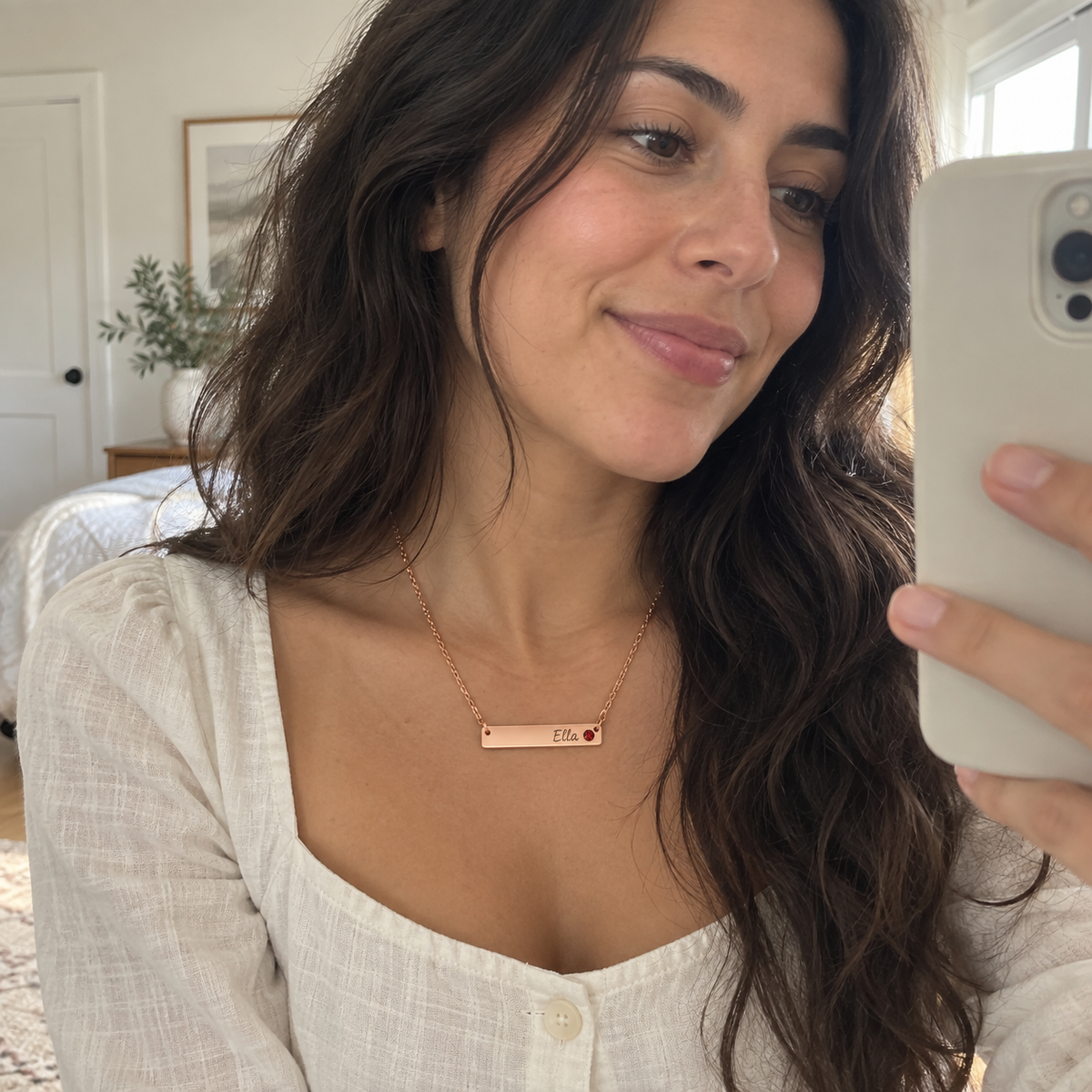 Personalized Bar Necklace with Birthstone UGC photo - rose gold Ella garnet necklace worn in a selfie Anthology Jewelry