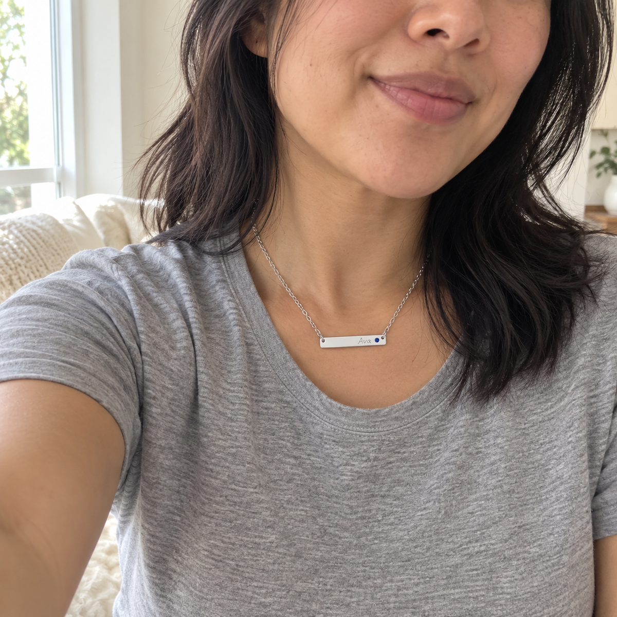 Personalized Bar Necklace with Birthstone UGC photo - silver Ava sapphire necklace worn in a selfie Anthology Jewelry