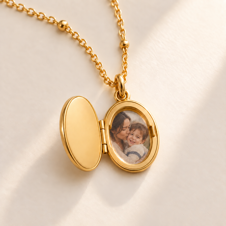 Custom Handwriting Mini Locket Necklace detail photo - open gold locket revealing a mother and son photo Anthology Jewelry
