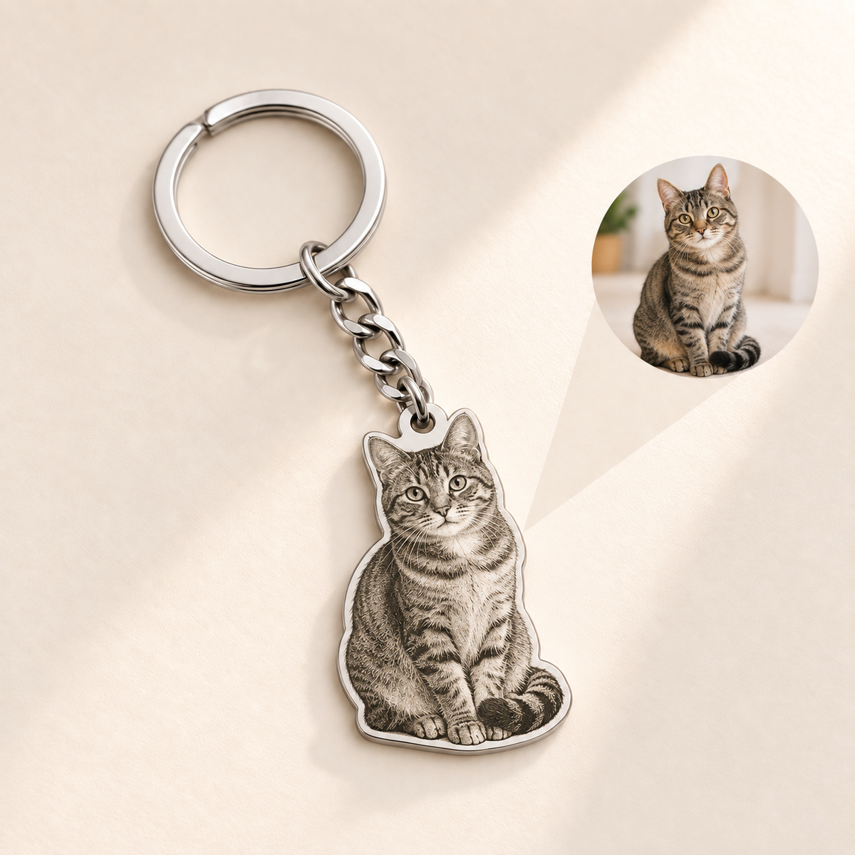 Custom Laser-Cut Portrait Keychain detail photo - silver cat portrait keychain with circular source-photo inset Anthology Jewelry