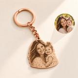 Custom Laser-Cut Portrait Keychain rose gold hero photo - mother and daughter portrait keychain with source-photo inset Anthology Jewelry