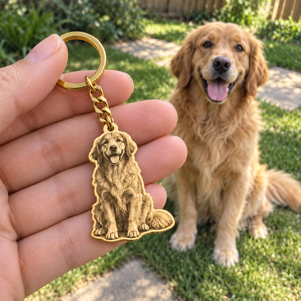 Custom Laser-Cut Portrait Keychain customer photo - man holding gold dog portrait keychain beside his real dog Anthology Jewelry